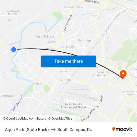 Arjun Park (State Bank) to South Campus, DU map