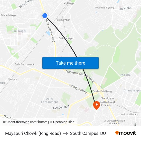 Mayapuri Chowk (Ring Road) to South Campus, DU map