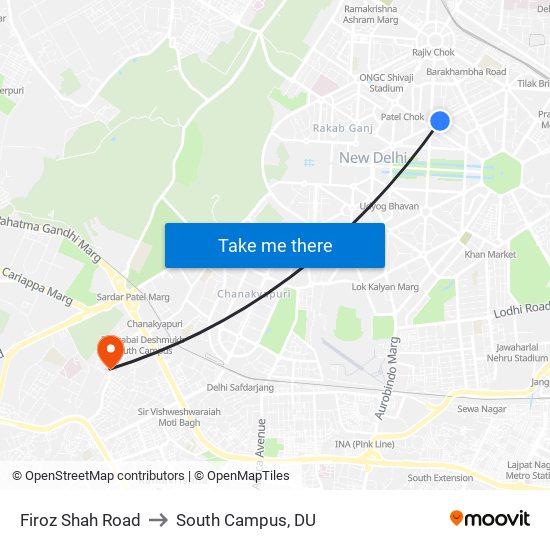 Firoz Shah Road to South Campus, DU map