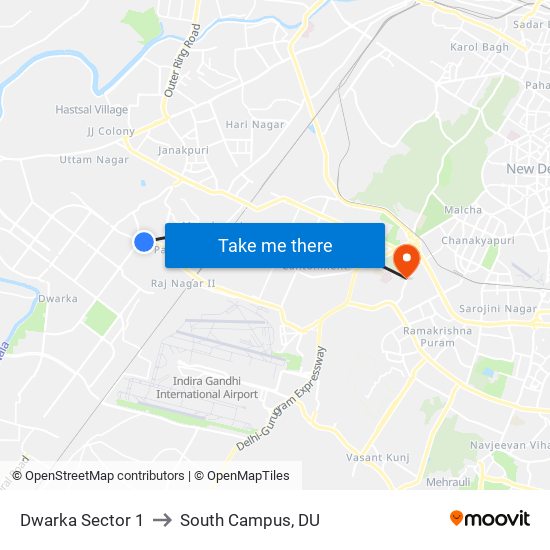 Dwarka Sector 1 to South Campus, DU map