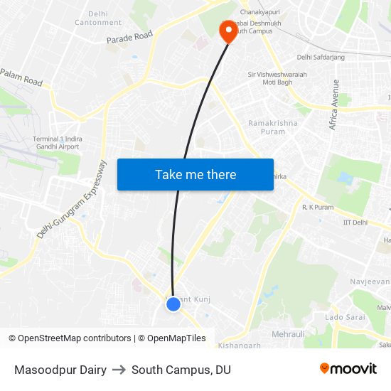 Masoodpur Dairy to South Campus, DU map