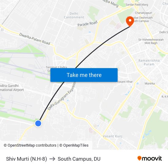 Shiv Murti (N.H-8) to South Campus, DU map