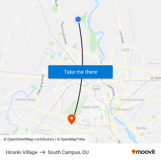 Hiranki Village to South Campus, DU map