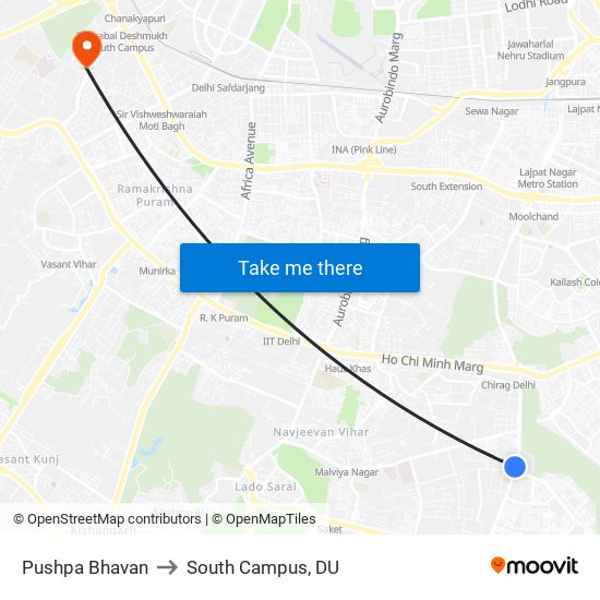 Pushpa Bhavan to South Campus, DU map