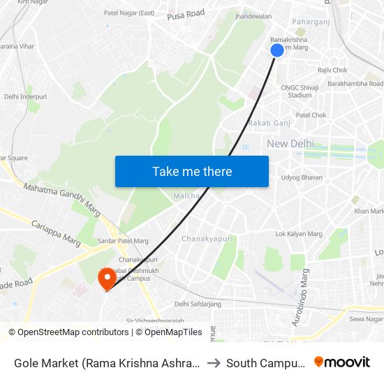 Gole Market (Rama Krishna Ashram Marg) to South Campus, DU map