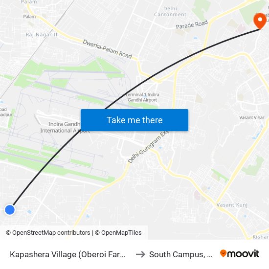 Kapashera Village (Oberoi Farms) to South Campus, DU map