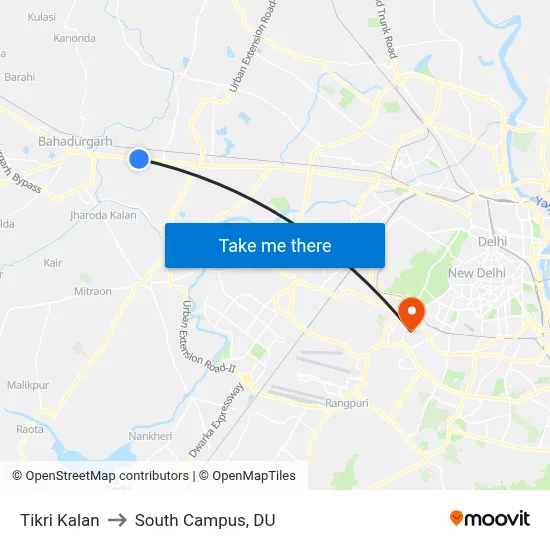 Tikri Kalan to South Campus, DU map