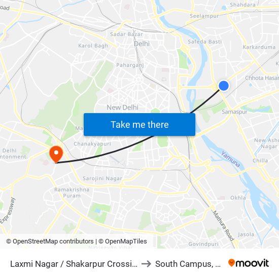 Laxmi Nagar / Shakarpur Crossing to South Campus, DU map