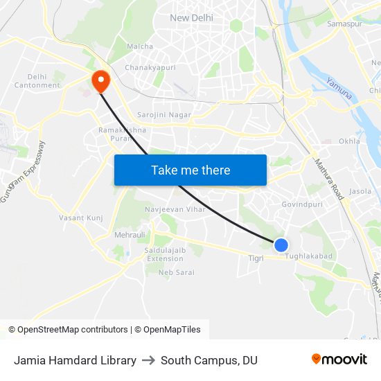 Jamia Hamdard Library to South Campus, DU map