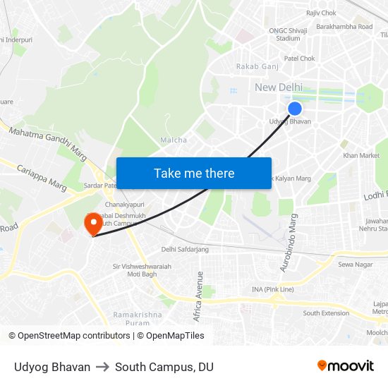 Udyog Bhavan to South Campus, DU map