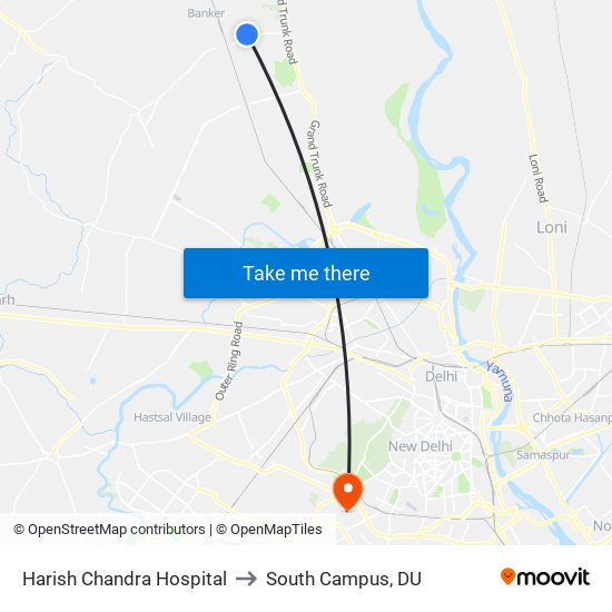 Harish Chandra Hospital to South Campus, DU map