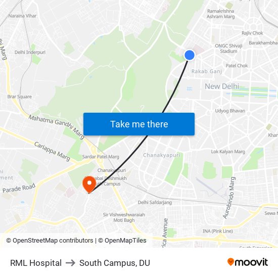 RML Hospital to South Campus, DU map