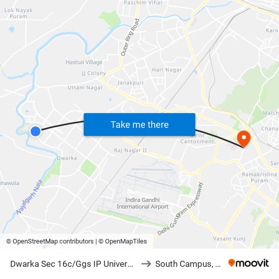 Dwarka Sec 16c/Ggs IP University to South Campus, DU map