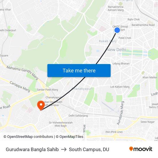 Gurudwara Bangla Sahib to South Campus, DU map