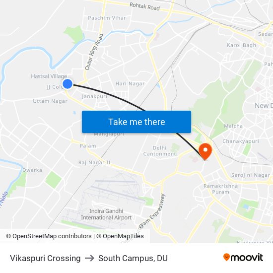 Vikaspuri Crossing to South Campus, DU map