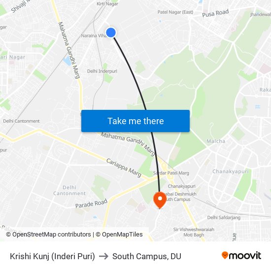 Krishi Kunj (Inderi Puri) to South Campus, DU map