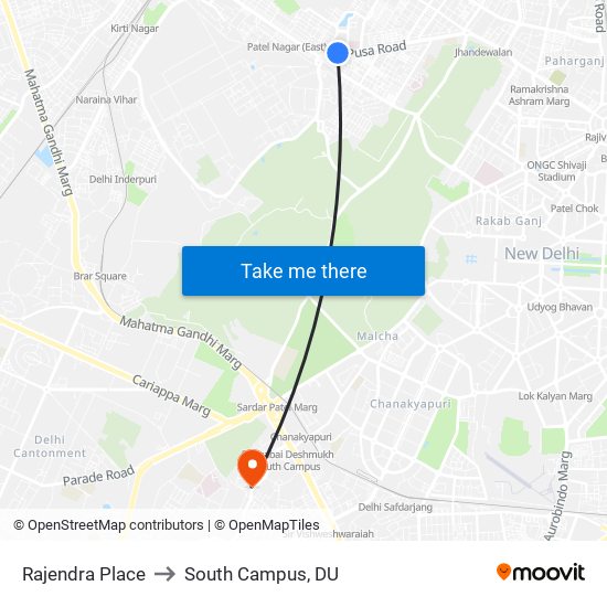 Rajendra Place to South Campus, DU map