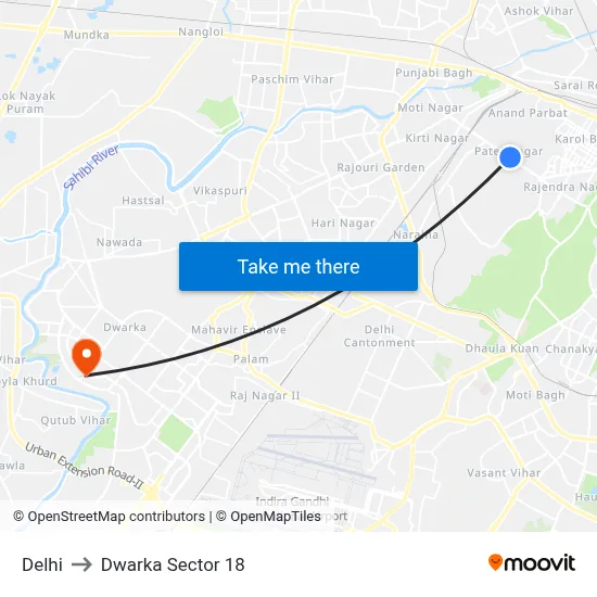 Delhi to Dwarka Sector 18 map