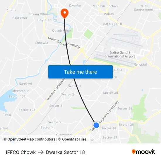 IFFCO Chowk to Dwarka Sector 18 map