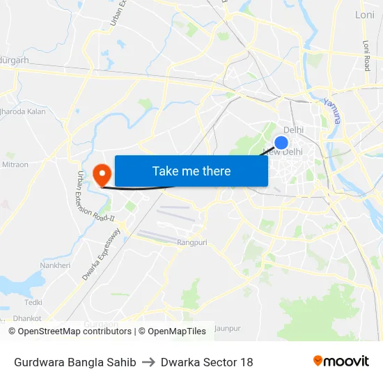 Gurdwara Bangla Sahib to Dwarka Sector 18 map