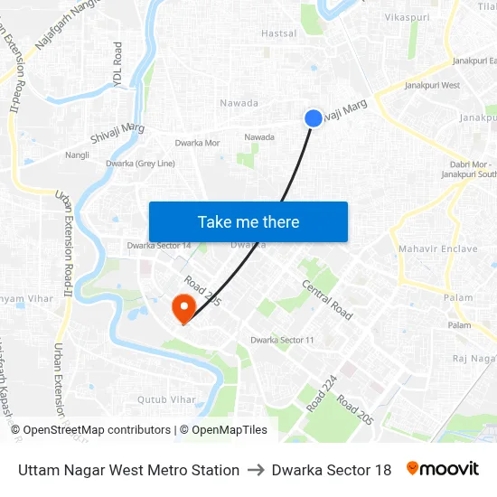 Uttam Nagar West Metro Station to Dwarka Sector 18 map