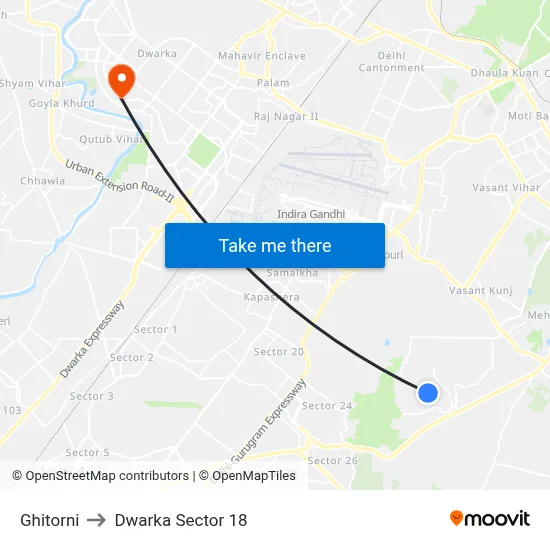Ghitorni to Dwarka Sector 18 map