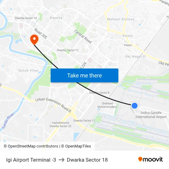 Igi Airport Terminal -3 to Dwarka Sector 18 map