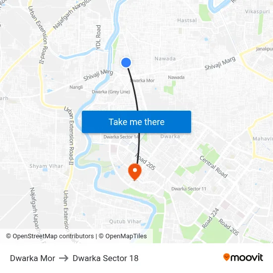 Dwarka Mor to Dwarka Sector 18 map