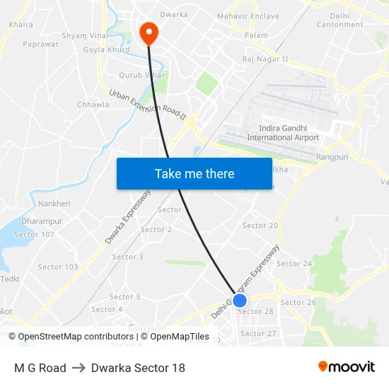 M G Road to Dwarka Sector 18 map