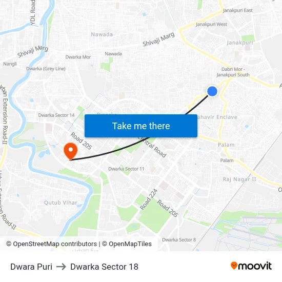 Dwara Puri to Dwarka Sector 18 map