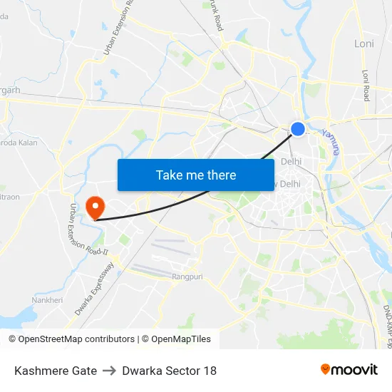 Kashmere Gate to Dwarka Sector 18 map