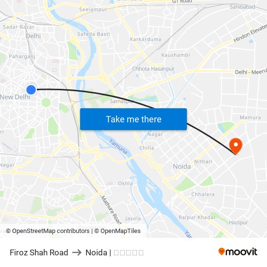 Firoz Shah Road to Noida | नोएडा map
