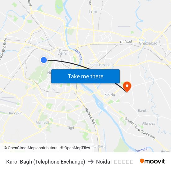 Karol Bagh (Telephone Exchange) to Noida | नोएडा map