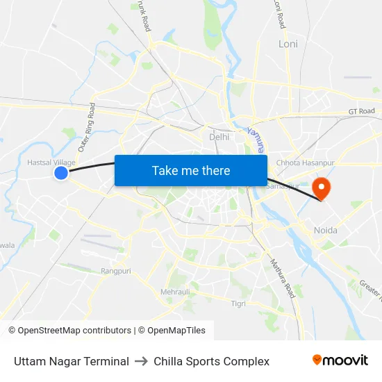 Uttam Nagar Terminal to Chilla Sports Complex map