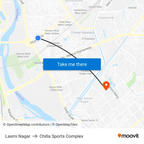 Laxmi Nagar to Chilla Sports Complex map