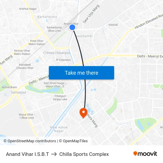 Anand Vihar I.S.B.T to Chilla Sports Complex map