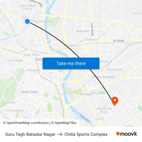 Guru Tegh Bahadur Nagar to Chilla Sports Complex map