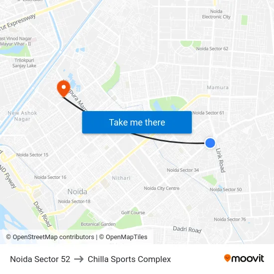 Noida Sector 52 to Chilla Sports Complex map