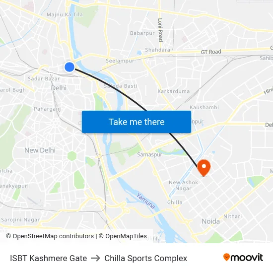 ISBT Kashmere Gate to Chilla Sports Complex map