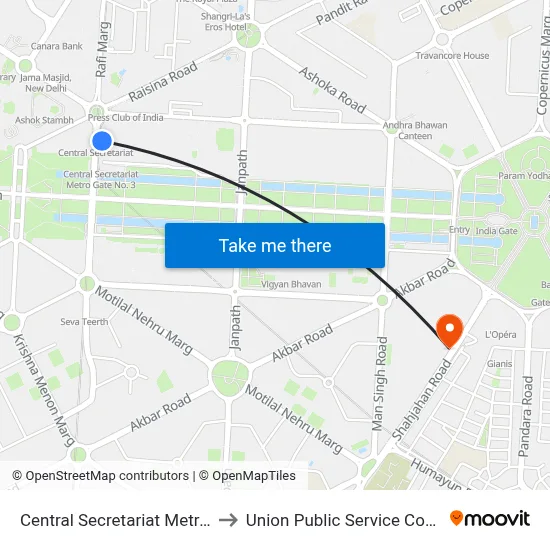 Central Secretariat Metro Station to Union Public Service Commission map