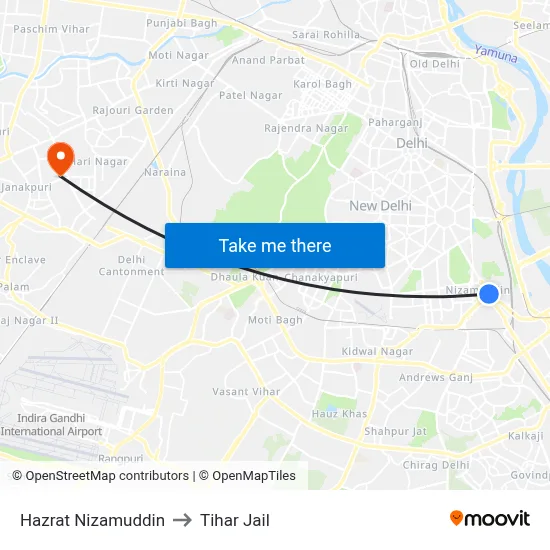 Hazrat Nizamuddin to Tihar Jail map