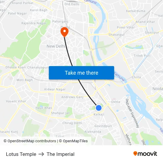 Lotus Temple to The Imperial map