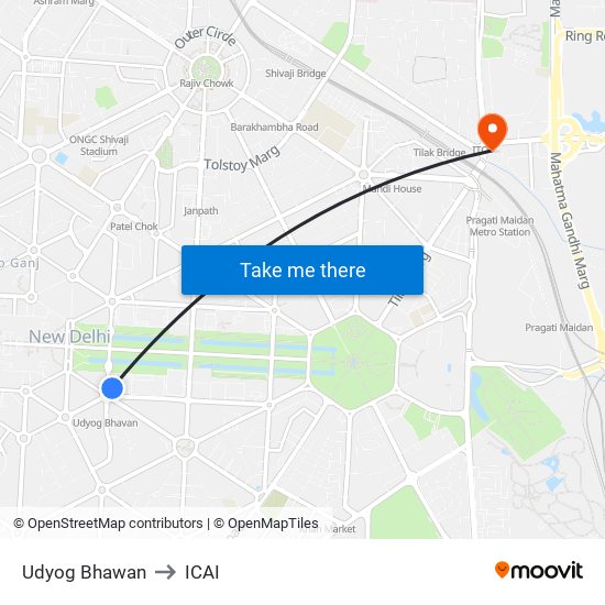 Udyog Bhawan to ICAI map