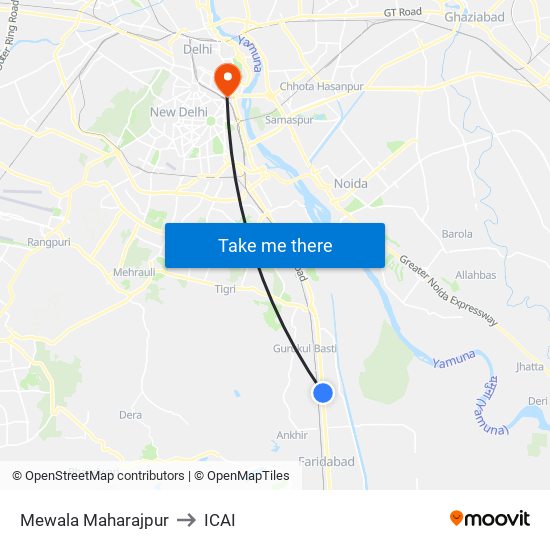 Mewala Maharajpur to ICAI map