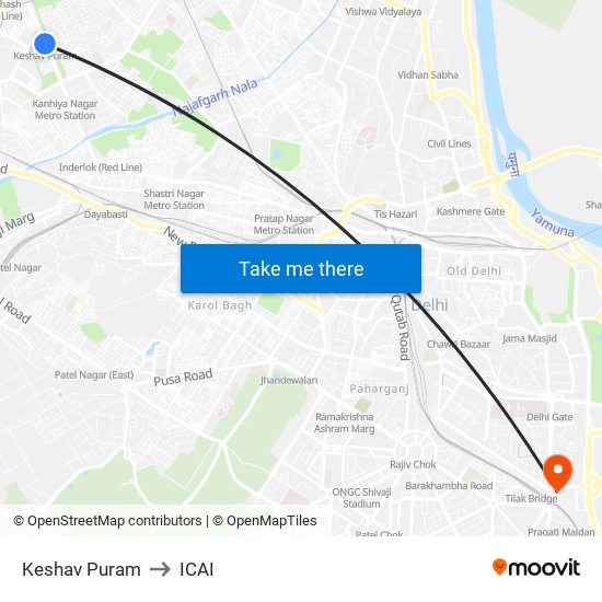 Keshav Puram to ICAI map