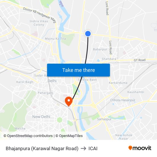 Bhajanpura (Karawal Nagar Road) to ICAI map