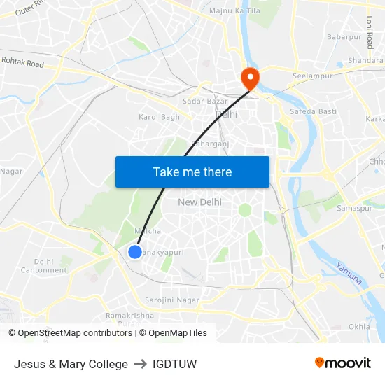 Jesus & Mary College to IGDTUW map