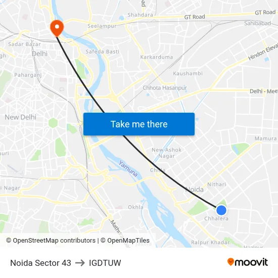 Noida Sector 43 to IGDTUW map