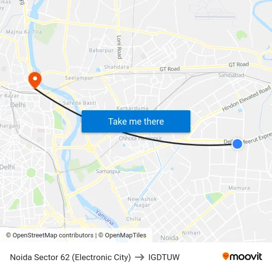 Noida Sector 62 (Electronic City) to IGDTUW map