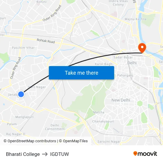 Bharati College to IGDTUW map